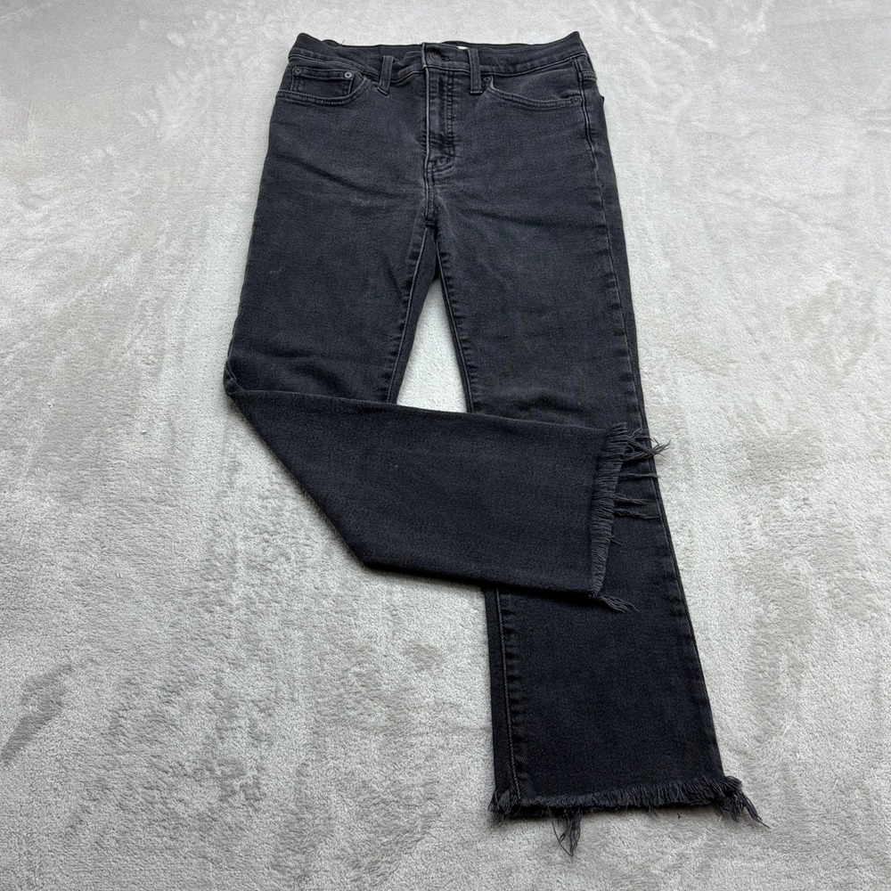 Madewell Slim Straight Jeans Women 26 Faded Black Raw Hem Frayed Stretch Denim